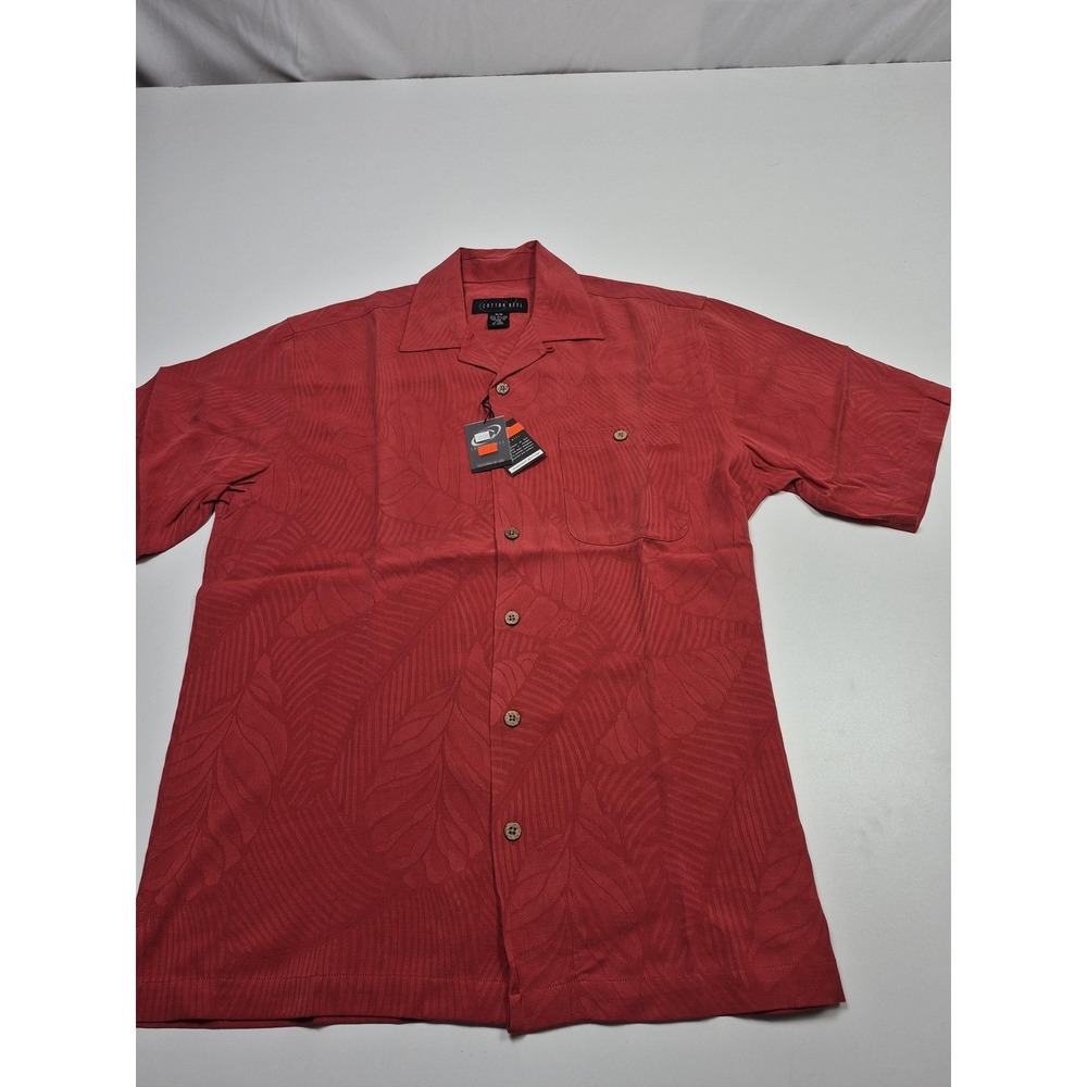 Cotton Reel Shirt Mens M Red Silk Floral Hawaiian Button Up Short Sleeve Casual